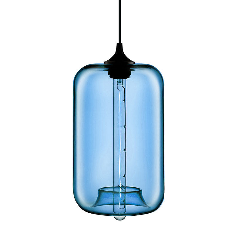 Contemporary 1-Light Hanging Lamp With Cylinder Glass Shade - Red/Brown/Blue Ceiling Light