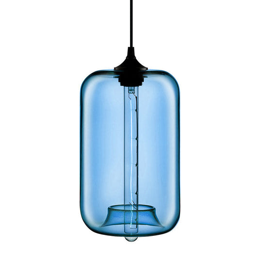 Contemporary 1-Light Hanging Lamp With Cylinder Glass Shade - Red/Brown/Blue Ceiling Light