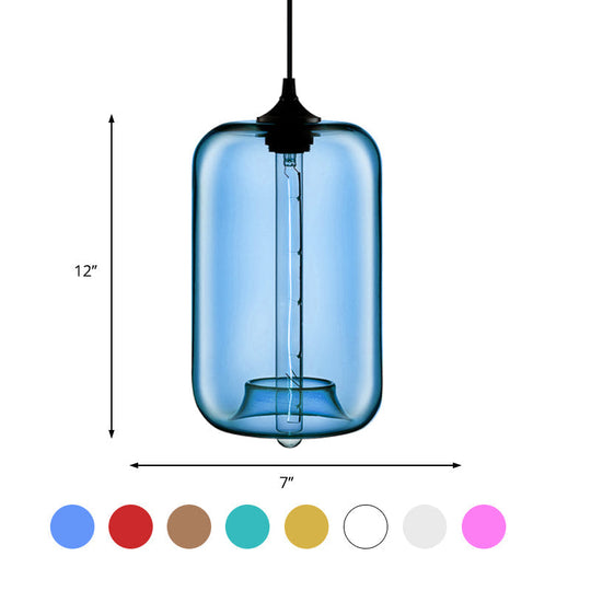 Contemporary Cylinder Glass Hanging Lamp - 1 Light, Red/Brown/Blue Ceiling Light