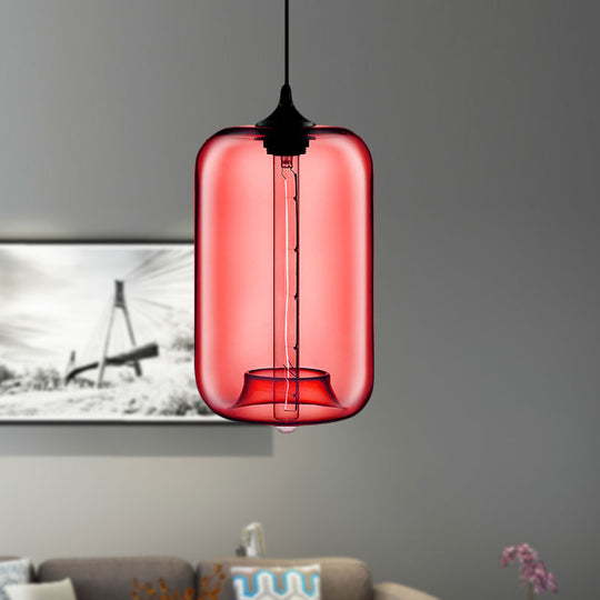 Contemporary Cylinder Glass Hanging Lamp - 1 Light, Red/Brown/Blue Ceiling Light