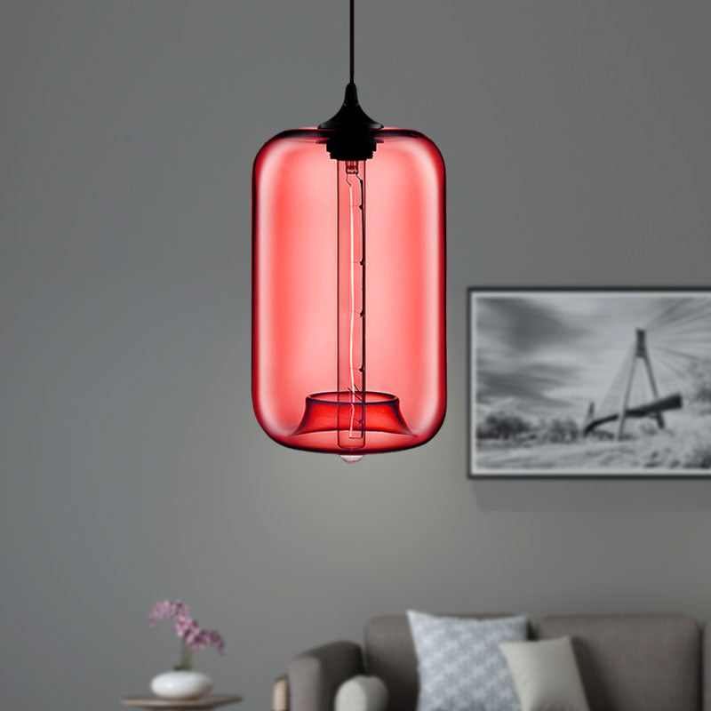 Contemporary Cylinder Glass Hanging Lamp - 1 Light, Red/Brown/Blue Ceiling Light