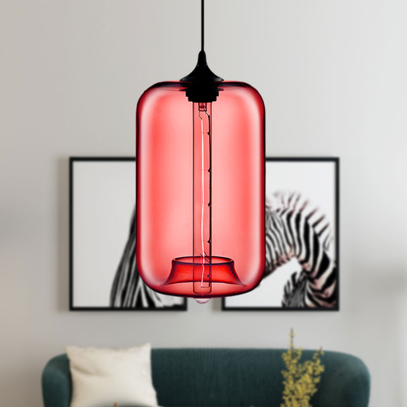 Contemporary 1-Light Hanging Lamp With Cylinder Glass Shade - Red/Brown/Blue Ceiling Light
