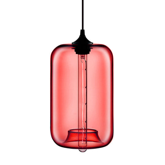 Contemporary Cylinder Glass Hanging Lamp - 1 Light, Red/Brown/Blue Ceiling Light
