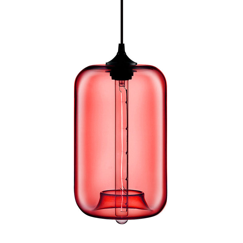 Contemporary 1-Light Hanging Lamp With Cylinder Glass Shade - Red/Brown/Blue Ceiling Light