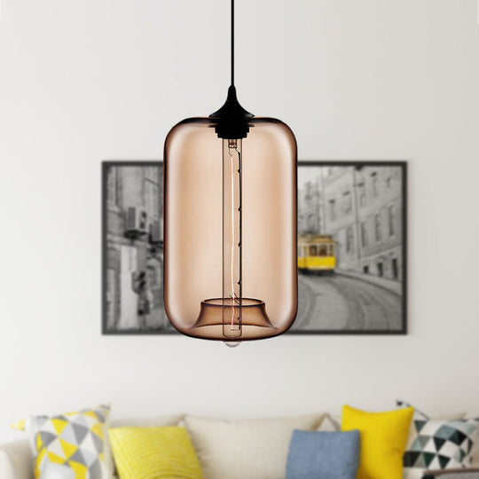 Contemporary 1-Light Hanging Lamp With Cylinder Glass Shade - Red/Brown/Blue Ceiling Light Brown