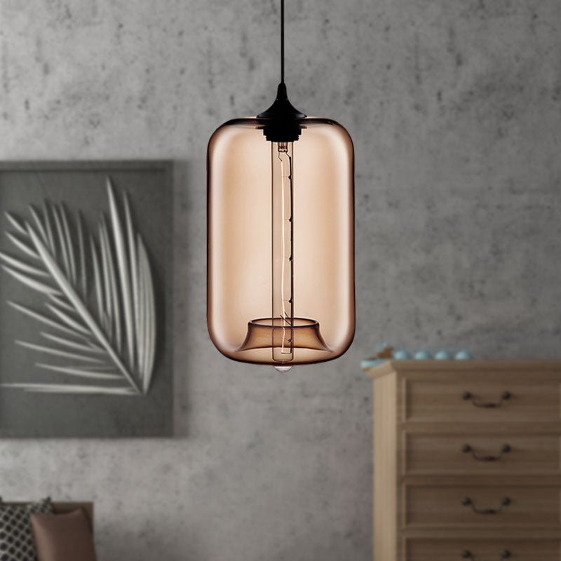 Contemporary 1-Light Hanging Lamp With Cylinder Glass Shade - Red/Brown/Blue Ceiling Light