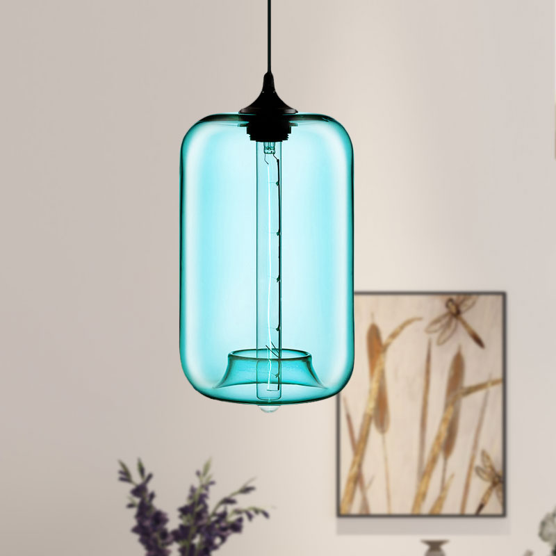Contemporary Cylinder Glass Hanging Lamp - 1 Light, Red/Brown/Blue Ceiling Light