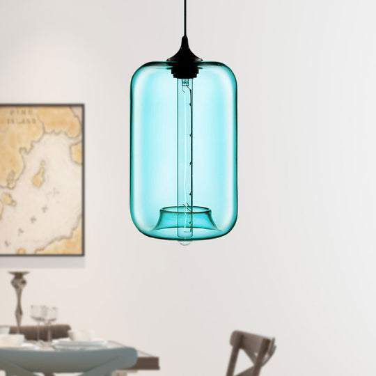 Contemporary Cylinder Glass Hanging Lamp - 1 Light, Red/Brown/Blue Ceiling Light