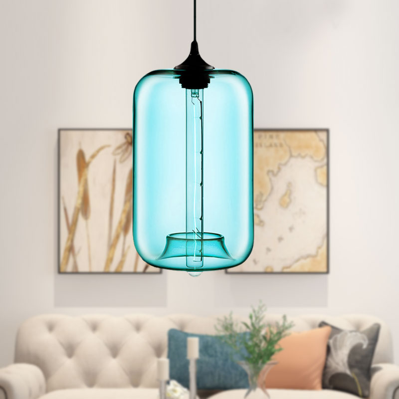 Contemporary Cylinder Glass Hanging Lamp - 1 Light, Red/Brown/Blue Ceiling Light