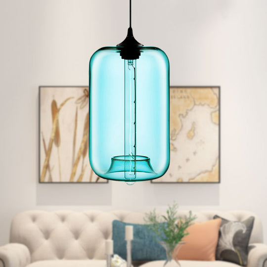 Contemporary Cylinder Glass Hanging Lamp - 1 Light, Red/Brown/Blue Ceiling Light