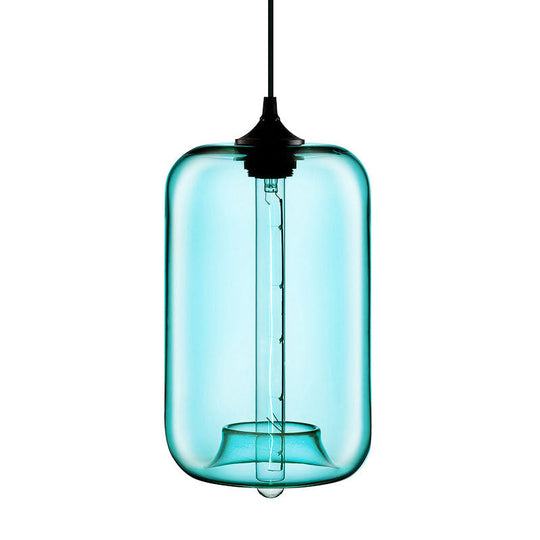 Contemporary Cylinder Glass Hanging Lamp - 1 Light, Red/Brown/Blue Ceiling Light