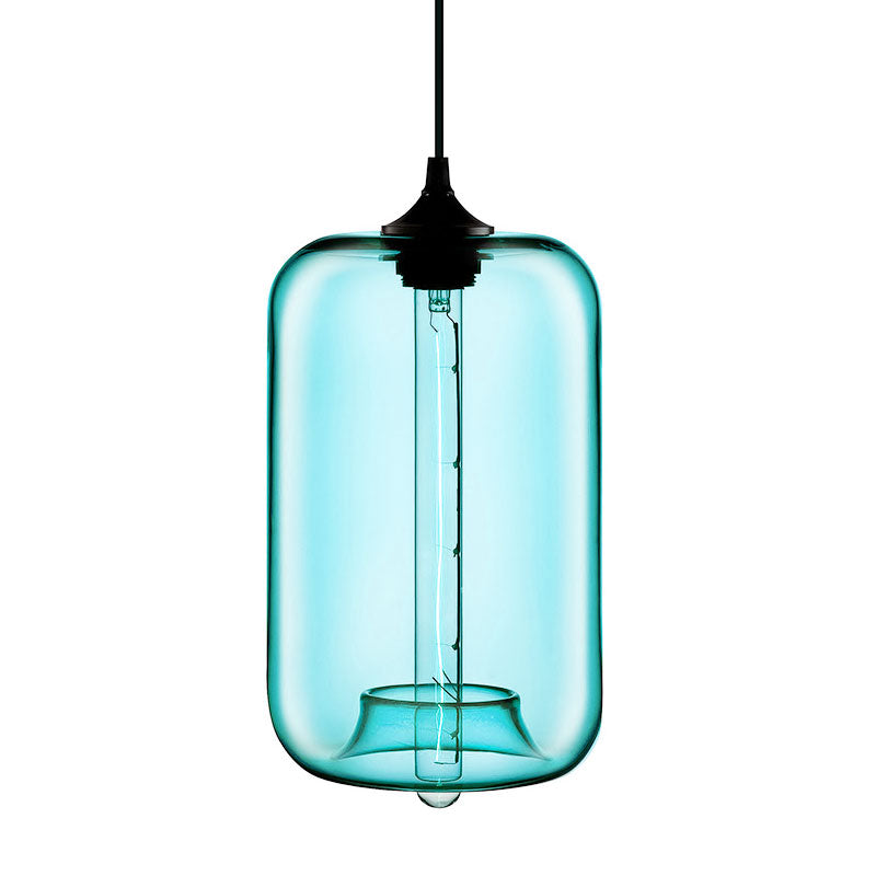 Contemporary 1-Light Hanging Lamp With Cylinder Glass Shade - Red/Brown/Blue Ceiling Light