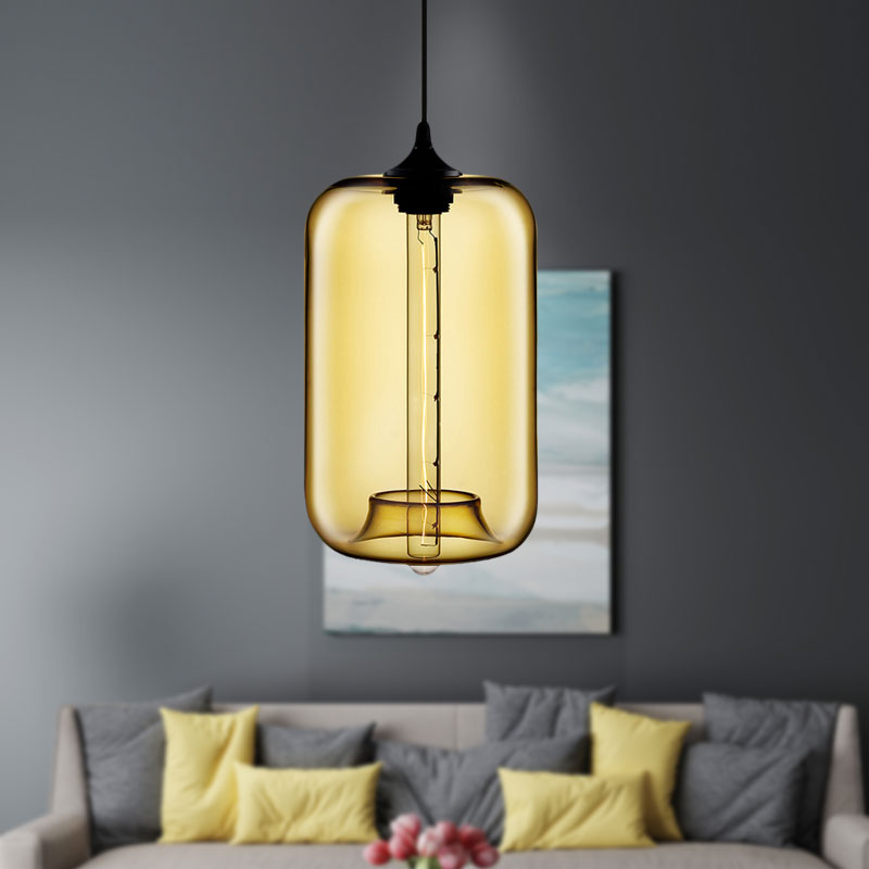 Contemporary 1-Light Hanging Lamp With Cylinder Glass Shade - Red/Brown/Blue Ceiling Light