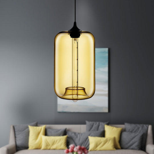 Contemporary 1-Light Hanging Lamp With Cylinder Glass Shade - Red/Brown/Blue Ceiling Light
