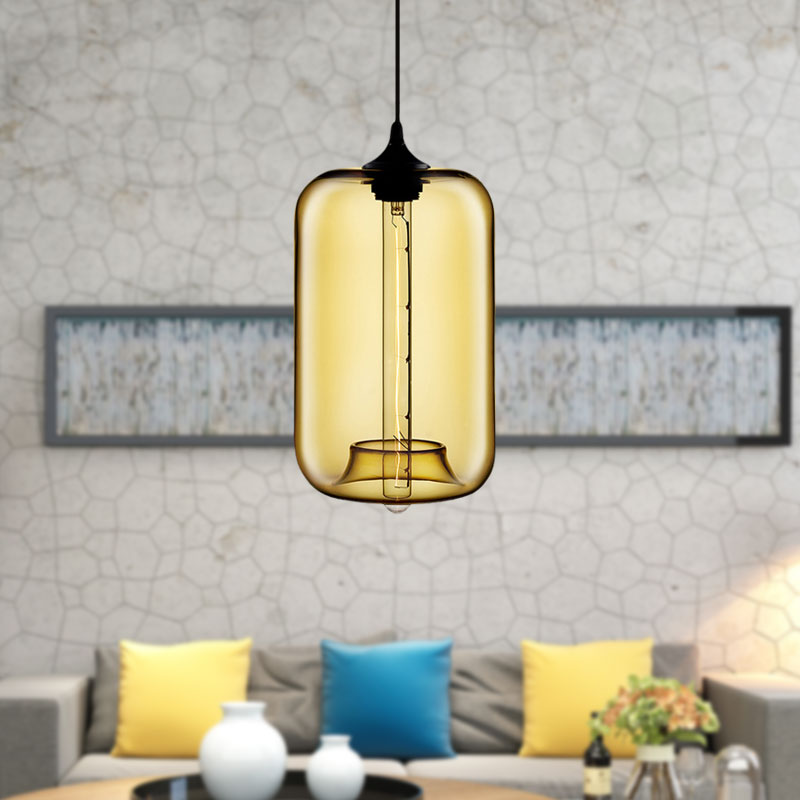 Contemporary Cylinder Glass Hanging Lamp - 1 Light, Red/Brown/Blue Ceiling Light