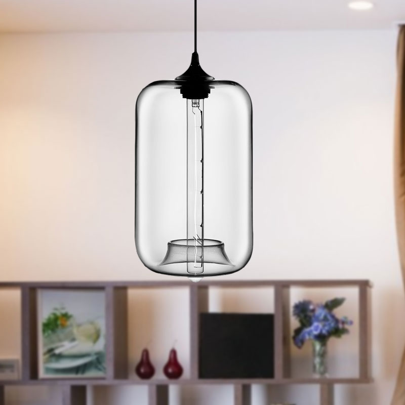 Contemporary 1-Light Hanging Lamp With Cylinder Glass Shade - Red/Brown/Blue Ceiling Light Clear
