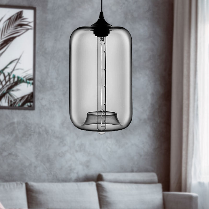 Contemporary 1-Light Hanging Lamp With Cylinder Glass Shade - Red/Brown/Blue Ceiling Light Smoke
