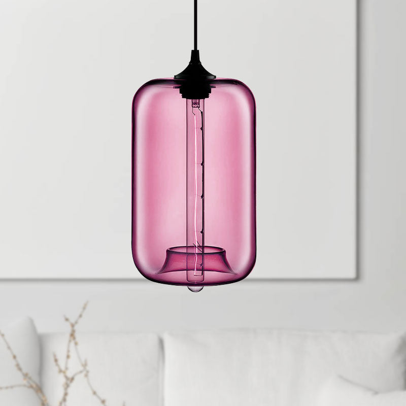 Contemporary Cylinder Glass Hanging Lamp - 1 Light, Red/Brown/Blue Ceiling Light