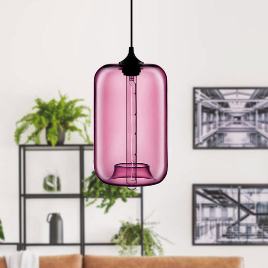Contemporary Cylinder Glass Hanging Lamp - 1 Light, Red/Brown/Blue Ceiling Light