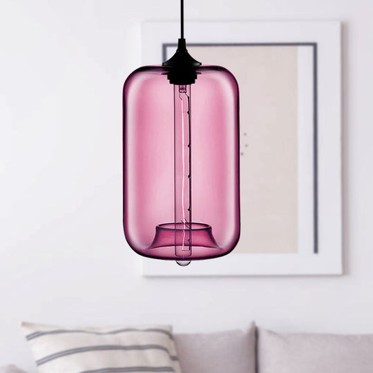 Contemporary Cylinder Glass Hanging Lamp - 1 Light, Red/Brown/Blue Ceiling Light