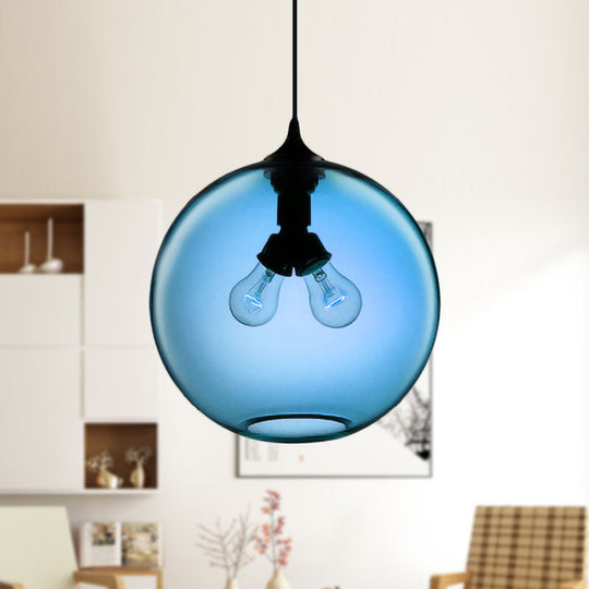 Modern Glass Globe Pendant Light - Red/Brown/Clear 2 Lights Dark Blue