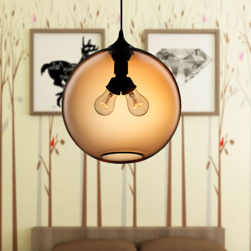 Modern Glass Globe Pendant Light - 2 Lights - Red/Brown/Clear