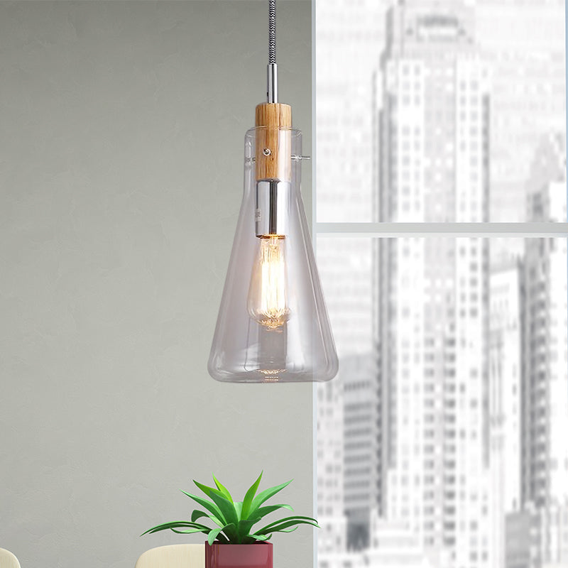 Modern Clear Glass Pendant Light - Ellipsoidal/Cone/Bottle Shape 1-Light Polished Chrome