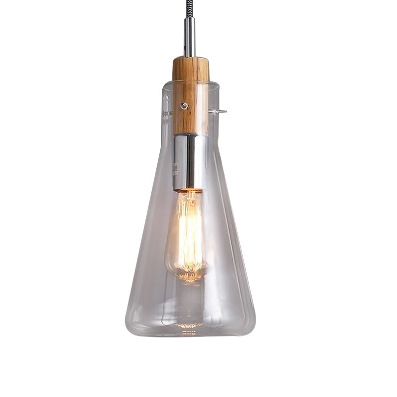 Modern Clear Glass Pendant Light in Polished Chrome - Ellipsoidal/Cone/Bottle Shape - 1 Light Hanging Ceiling Lamp