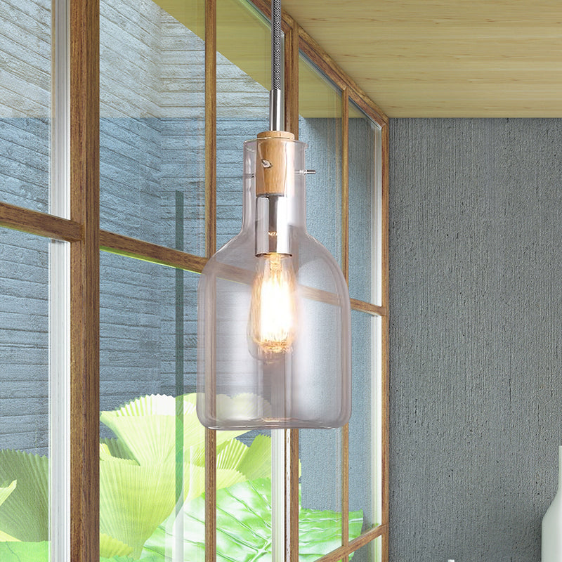 Modern Clear Glass Pendant Light in Polished Chrome - Ellipsoidal/Cone/Bottle Shape - 1 Light Hanging Ceiling Lamp