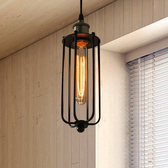 Vintage Style Metallic Matte Black Pendant Lamp With Cage Shade - 1 Light Hanging Fixture