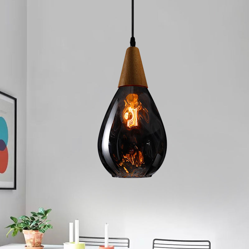 Modernist Style Teardrop Pendant Lamp with Dimpled Glass - 6"/8" Wide - Amber/Clear - 1 Light Indoor Hanging Fixture