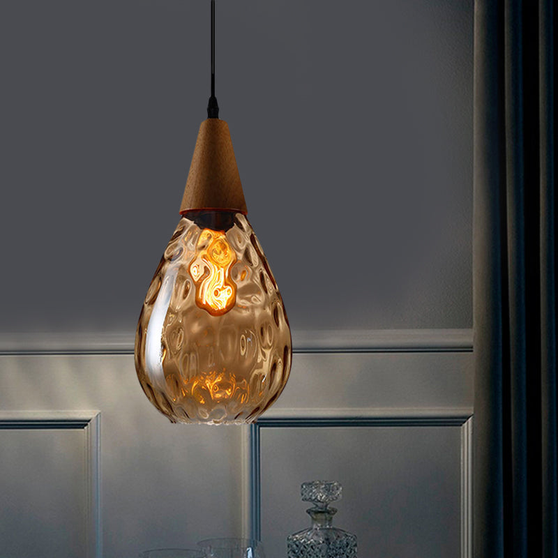 Modernist Style Teardrop Pendant Lamp with Dimpled Glass - 6"/8" Wide - Amber/Clear - 1 Light Indoor Hanging Fixture