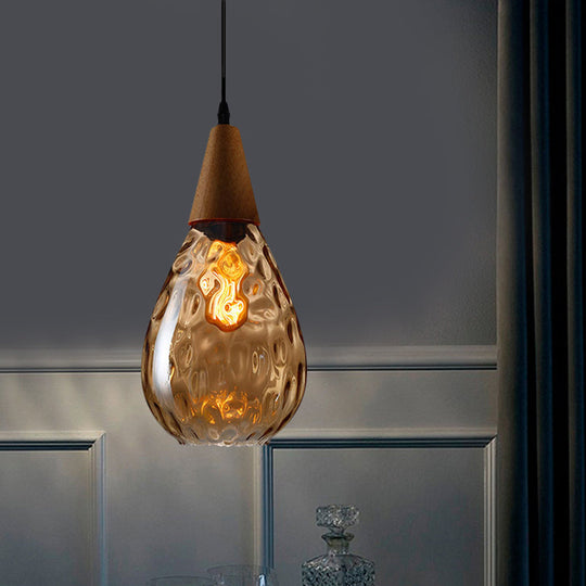 Modernist Style Teardrop Pendant Lamp with Dimpled Glass - 6"/8" Wide - Amber/Clear - 1 Light Indoor Hanging Fixture