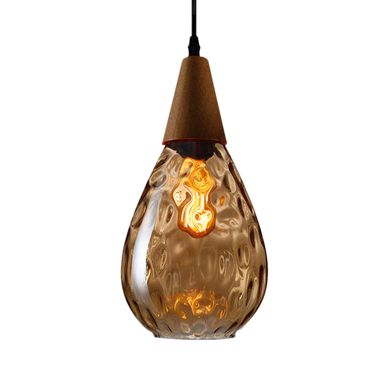 Modernist Style Teardrop Pendant Lamp with Dimpled Glass - 6"/8" Wide - Amber/Clear - 1 Light Indoor Hanging Fixture