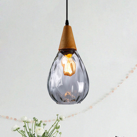 Modernist Style Teardrop Pendant Lamp with Dimpled Glass - 6"/8" Wide - Amber/Clear - 1 Light Indoor Hanging Fixture