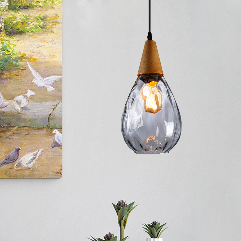 Modernist Style Teardrop Pendant Lamp with Dimpled Glass - 6"/8" Wide - Amber/Clear - 1 Light Indoor Hanging Fixture