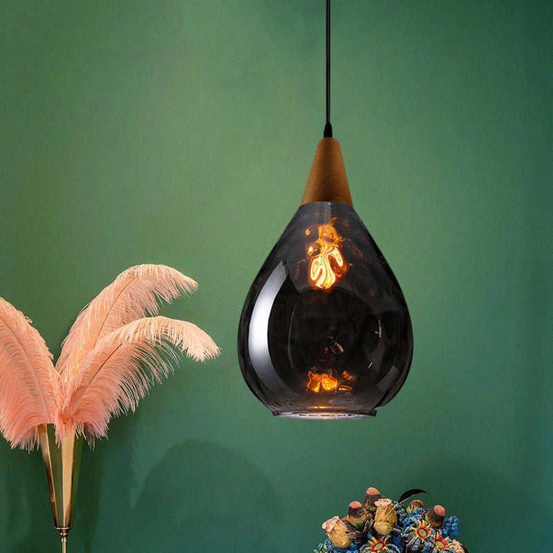 Modernist Style Teardrop Pendant Lamp with Dimpled Glass - 6"/8" Wide - Amber/Clear - 1 Light Indoor Hanging Fixture