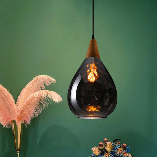 Modernist Style Teardrop Pendant Lamp with Dimpled Glass - 6"/8" Wide - Amber/Clear - 1 Light Indoor Hanging Fixture