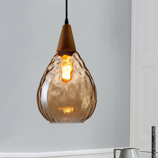 Modernist Style Teardrop Pendant Lamp with Dimpled Glass - 6"/8" Wide - Amber/Clear - 1 Light Indoor Hanging Fixture