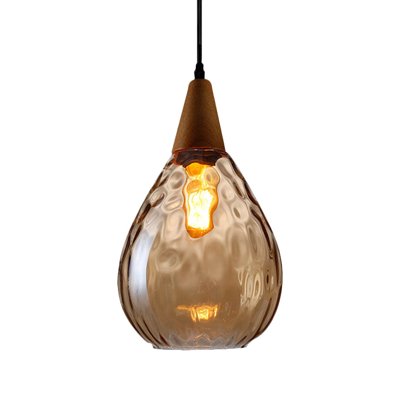 Modernist Style Teardrop Pendant Lamp with Dimpled Glass - 6"/8" Wide - Amber/Clear - 1 Light Indoor Hanging Fixture