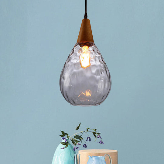 Modernist Style Teardrop Pendant Lamp with Dimpled Glass - 6"/8" Wide - Amber/Clear - 1 Light Indoor Hanging Fixture
