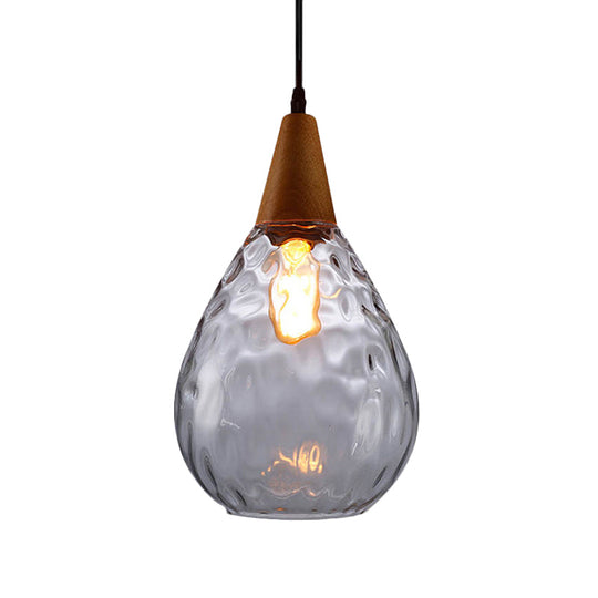 Modernist Style Teardrop Pendant Lamp with Dimpled Glass - 6"/8" Wide - Amber/Clear - 1 Light Indoor Hanging Fixture