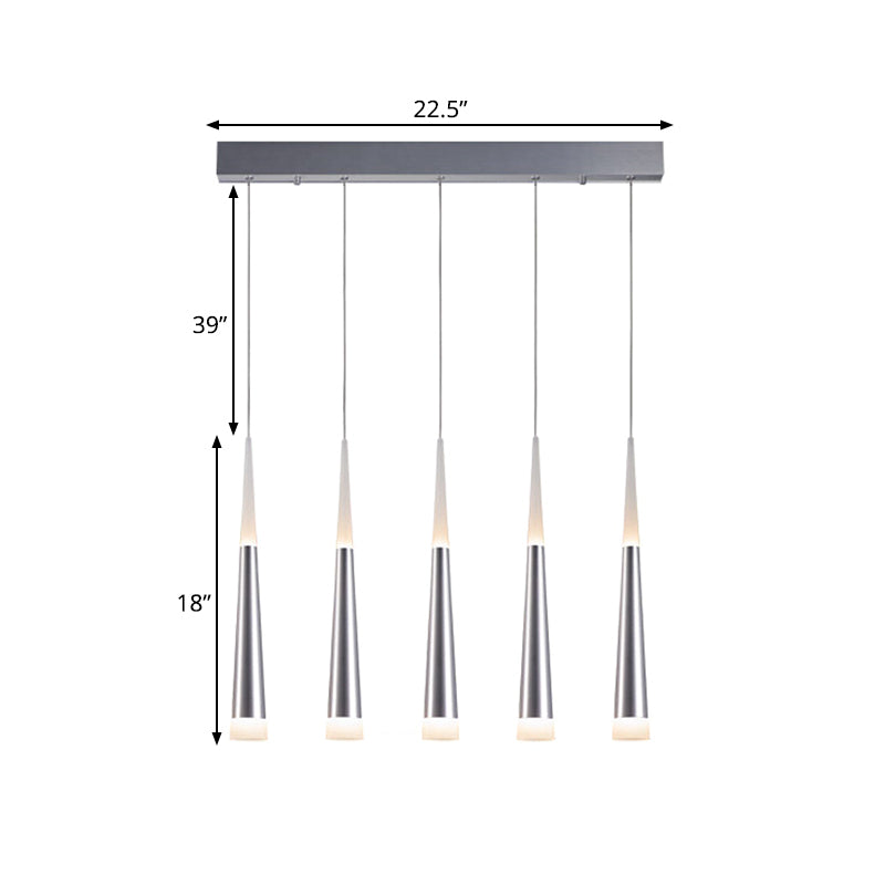 Modern Tapered Hanging Lamp With 5/6 Silver Metal Heads - Stylish Pendant Light For Dining Room In