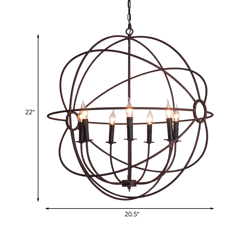 Spherical Wrought Iron Hanging Light: Antique Style Indoor Chandelier Lamp in Black/Rust with 3/6/7 Lights