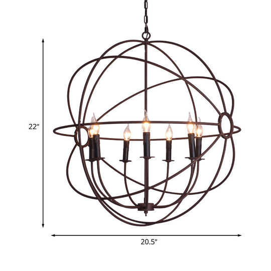 Spherical Wrought Iron Hanging Light: Antique Style Indoor Chandelier Lamp in Black/Rust with 3/6/7 Lights