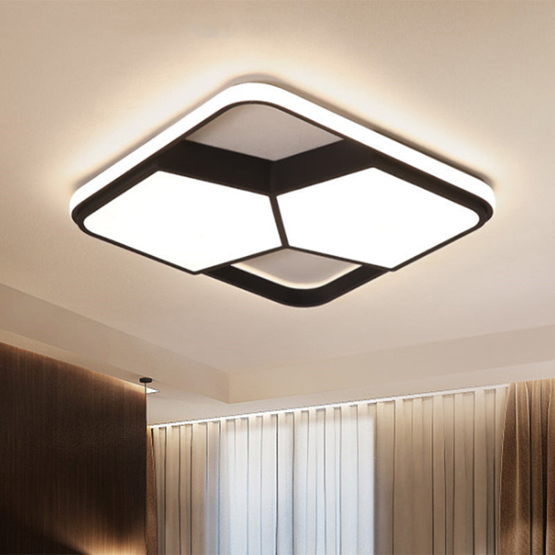 Geometric LED Ceiling Light in Black/White Acrylic - Contemporary Flush Mount Lamp for Bedroom with Warm/White Lighting