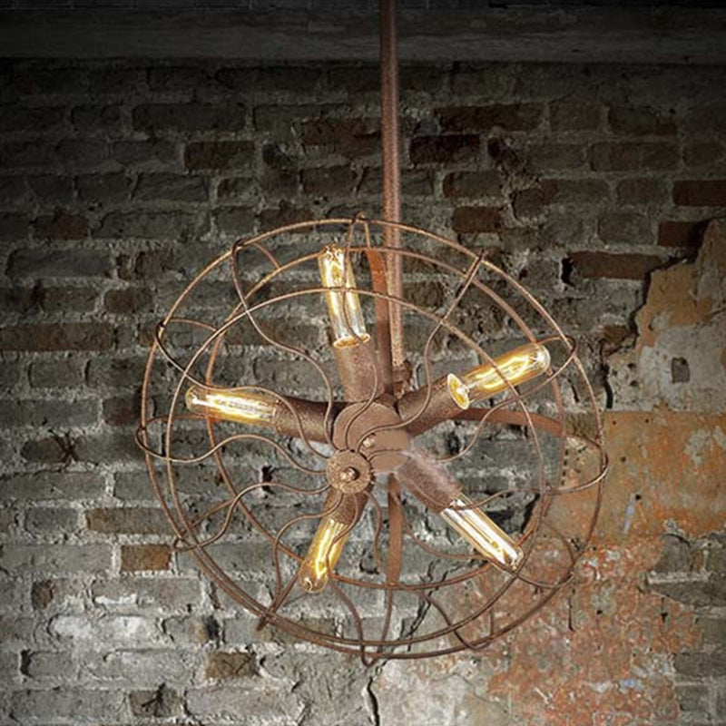 Rustic Farmhouse Ceiling Fan Light: Wire Frame, Fan Shape, 5 Bulbs, Wrought Iron, Dark Rust Chandelier Lamp