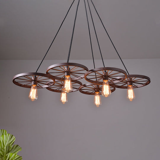 Vintage Industrial Hanging Light with Wheel Design and Multiple Heads - Black/Rust Metal Ceiling Fixture