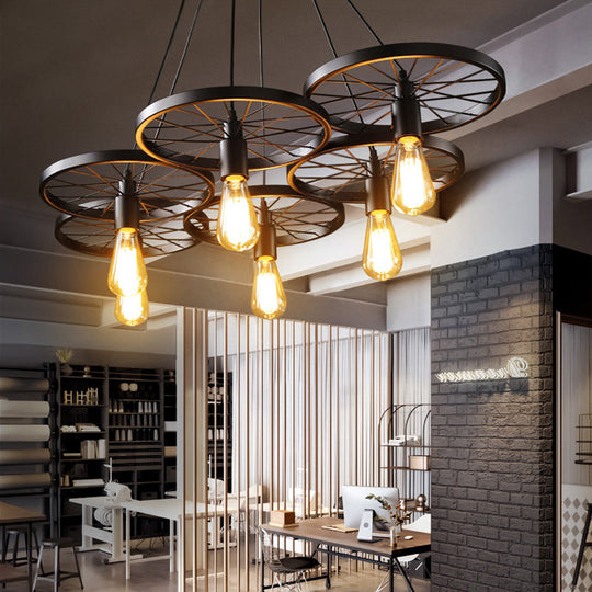 Industrial Black/Rust Metal Hanging Light With Vintage Bare Bulb Design - 3/6/8 Heads Ceiling