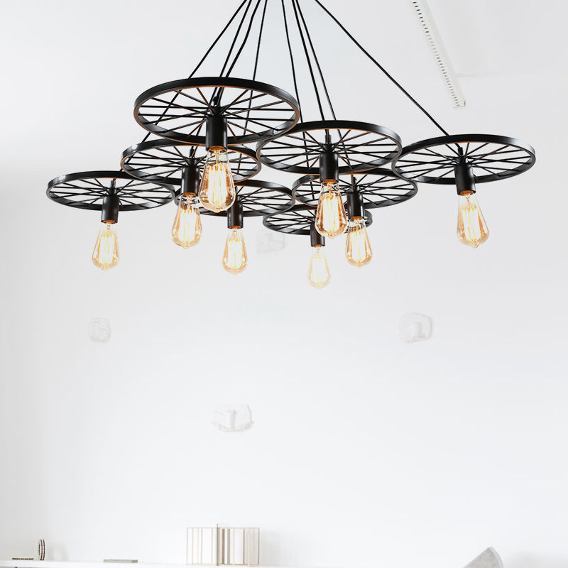 Vintage Industrial Hanging Light with Wheel Design and Multiple Heads - Black/Rust Metal Ceiling Fixture